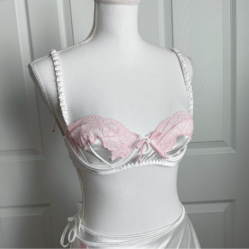 Forever 21 Silky White Satin Lingerie Set with Pink Lace Trim - Picture 3 of 3